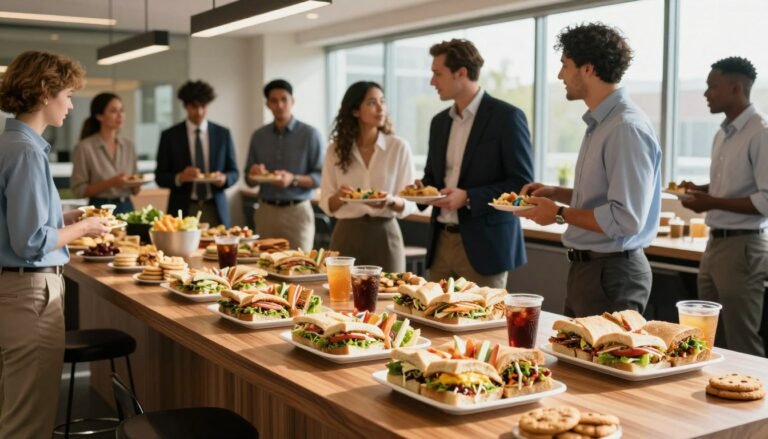 A vibrant, inviting Subway catering display set on a stylish wooden table in a well-lit, modern breakroom. In the foreground, an array of fresh, colorful Subway sandwich platters with neatly arranged toppings and sides, including cookies and drinks. In the middle ground, diverse individuals in professional business attire, such as suits and dress shirts, are animatedly discussing the food, showcasing a lively gathering atmosphere. The background features large windows with natural light streaming in, creating a warm and welcoming ambiance. Soft shadows cast by the afternoon sunlight enhance the inviting feel of the space. The image captures a sense of community and excitement around catering options, emphasizing Subway's role in bringing people together for events.