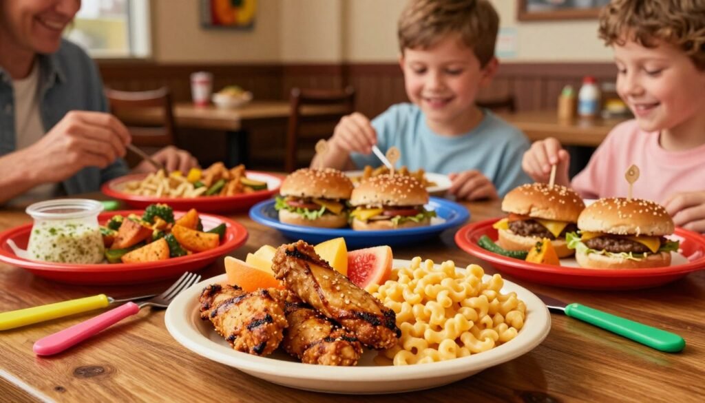 A vibrant, inviting scene depicting an array of Texas Roadhouse kid-friendly meals. In the foreground, a cheerful plate showcases a grilled chicken tender, a side of mac and cheese, and fresh fruit, all beautifully arranged. The middle ground features colorful plates filled with options like mini burgers and crispy vegetables, surrounded by bright, engaging utensils. In the background, soft, warm lighting creates a family-friendly atmosphere with hints of rustic décor and wooden tables typical of Texas Roadhouse. A family of two children and parents in modest casual clothing shares a joyful meal, highlighting the welcoming environment. The overall mood conveys happiness and togetherness, emphasizing nutritious choices for children while ensuring allergen safety.