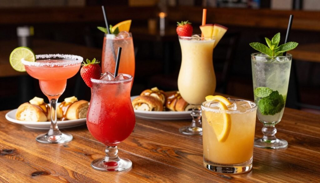 A vibrant scene featuring a variety of seasonal cocktails from Texas Roadhouse on a rustic wooden table. In the foreground, showcase colorful drinks garnished with fresh fruit and herbs: a bright red strawberry margarita, a creamy peach sangria, and a refreshing mint mojito. Include stylish glassware that highlights their rich hues. The middle ground should have soft-focus appetizers like honey-buttered rolls, enhancing the inviting atmosphere. In the background, a warm, bustling Texas Roadhouse ambiance is depicted, with low lighting creating a cozy vibe. The lens captures the scene from a slightly elevated angle, emphasizing the drinks and ensuring a rich, warm color palette that evokes a sense of celebration and flavor.