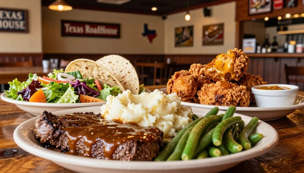 A vibrant spread of Texas Roadhouse lunch specials laid out on a rustic wooden table. The foreground features a hearty steak with sides of mashed potatoes and green beans, glazed with a rich brown gravy, and a generous portion of crispy fried chicken with honey mustard dip. In the middle, a fresh garden salad with a variety of colorful vegetables and a signature flour tortilla, warm and inviting. The background showcases a cozy Texas Roadhouse-themed interior with warm, ambient lighting, wooden decor, and a welcoming atmosphere. A focus on depth-of-field captures the details of the food and the inviting environment, creating a mouth-watering and homely vibe. The angle is slightly overhead, emphasizing the delicious meal ready for takeout. A vibrant spread of Texas Roadhouse lunch specials laid out on a rustic wooden table. The foreground features a hearty steak with sides of mashed potatoes and green beans, glazed with a rich brown gravy, and a generous portion of crispy fried chicken with honey mustard dip. In the middle, a fresh garden salad with a variety of colorful vegetables and a signature flour tortilla, warm and inviting. The background showcases a cozy Texas Roadhouse-themed interior with warm, ambient lighting, wooden decor, and a welcoming atmosphere. A focus on depth-of-field captures the details of the food and the inviting environment, creating a mouth-watering and homely vibe. The angle is slightly overhead, emphasizing the delicious meal ready for takeout.