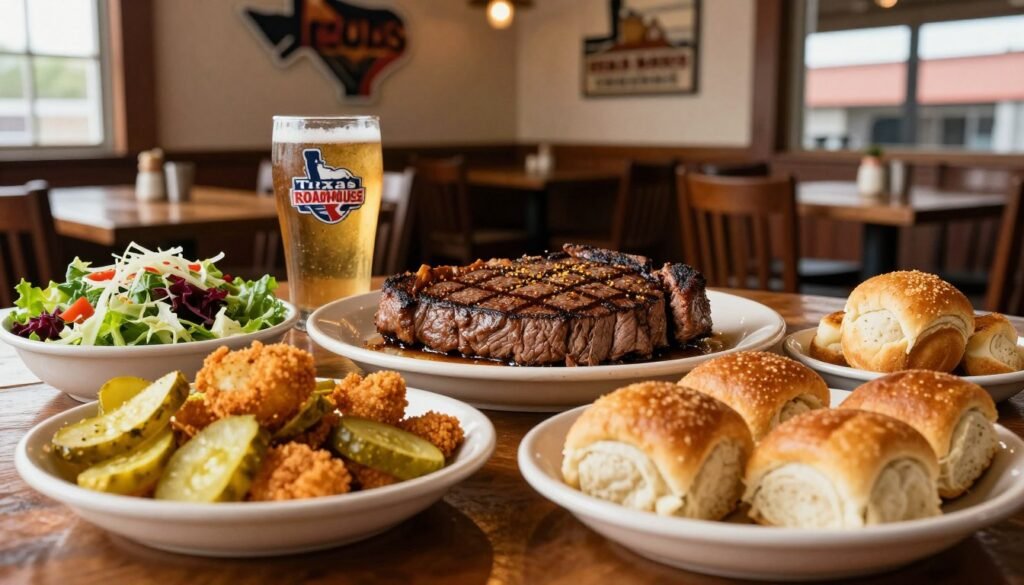 A vibrant table setting showcasing a selection of Texas Roadhouse lunch deals. In the foreground, an inviting spread of delicious sides and add-ons: crispy fried pickles, loaded baked potato, fresh garden salad, and warm, fluffy rolls. The middle features a large, succulent grilled steak with signature steak seasoning, perfectly cooked and resting on a warm plate. In the background, the rustic charm of the Texas Roadhouse dining ambiance, with wooden tables, cowboy-themed decor, and ambient lighting creating a cozy atmosphere. Natural light streams in from nearby windows, highlighting the freshness of the food. The mood is cheerful and inviting, illustrating a satisfying dining experience perfect for a lunch outing.
