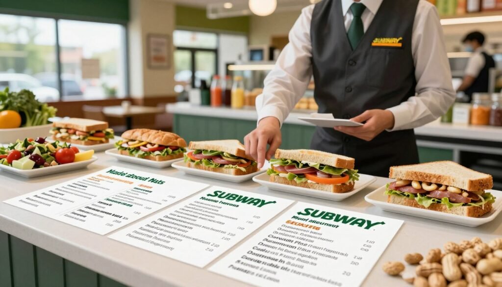A visual representation of Subway allergen information focusing on nut and peanut allergy considerations. In the foreground, a neatly arranged table displays various Subway menu items made without nuts and peanuts, clearly demonstrating allergy-friendly choices. The middle ground features a professional-looking staff member in business attire, pointing to the ingredient labels on fresh sandwiches and salads, emphasizing their allergen statements. The background shows a bright, modern Subway restaurant interior with colorful ingredients and a clean atmosphere. Soft, natural lighting filters in through large windows, creating a welcoming and informative mood. The camera angle is slightly elevated, providing a comprehensive view of the scene, highlighting the commitment to food safety. A visual representation of Subway allergen information focusing on nut and peanut allergy considerations. In the foreground, a neatly arranged table displays various Subway menu items made without nuts and peanuts, clearly demonstrating allergy-friendly choices. The middle ground features a professional-looking staff member in business attire, pointing to the ingredient labels on fresh sandwiches and salads, emphasizing their allergen statements. The background shows a bright, modern Subway restaurant interior with colorful ingredients and a clean atmosphere. Soft, natural lighting filters in through large windows, creating a welcoming and informative mood. The camera angle is slightly elevated, providing a comprehensive view of the scene, highlighting the commitment to food safety.