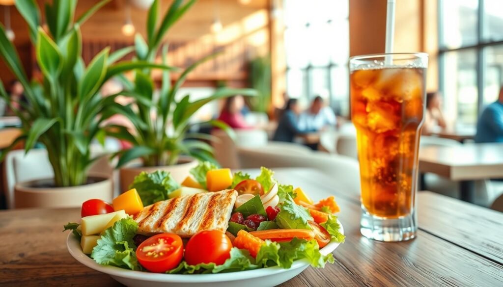 A visually appealing display of Chick-fil-A's healthy menu choices, featuring a vibrant salad with grilled chicken, a side of fruit, and a refreshing iced tea in a clear glass. In the foreground, the salad is garnished with colorful cherry tomatoes and crunchy carrots, arranged artfully on a rustic wooden table. The middle layer shows a bright, sunlit restaurant interior with green plants and soft, natural lighting casting gentle shadows. In the background, a cozy atmosphere is created with wooden accents and cheerful diners enjoying their meals. The overall mood is inviting and health-conscious, emphasizing the nutritious benefits of the Chick-fil-A Blue Menu choices. The image should be clear and well-composed, conveying a sense of freshness and wellness. A visually appealing display of Chick-fil-A's healthy menu choices, featuring a vibrant salad with grilled chicken, a side of fruit, and a refreshing iced tea in a clear glass. In the foreground, the salad is garnished with colorful cherry tomatoes and crunchy carrots, arranged artfully on a rustic wooden table. The middle layer shows a bright, sunlit restaurant interior with green plants and soft, natural lighting casting gentle shadows. In the background, a cozy atmosphere is created with wooden accents and cheerful diners enjoying their meals. The overall mood is inviting and health-conscious, emphasizing the nutritious benefits of the Chick-fil-A Blue Menu choices. The image should be clear and well-composed, conveying a sense of freshness and wellness.