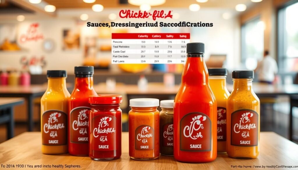 A visually appealing infographic design showcasing Chick-fil-A's nutritional information specifically for sauces, dressings, and condiments. In the foreground, display a vibrant array of sauces with distinct colors and textures, neatly labeled with calorie counts. In the middle, incorporate a clean, organized table or chart that highlights the specifics of different condiments alongside their nutritional stats. The background should feature a subtle, blurred image of a Chick-fil-A restaurant or a table setting with branded items, enhancing brand recognition. Use soft, natural lighting to create an inviting atmosphere, with a perspective that emphasizes clarity and detail. Aim for a professional and informative mood, perfect for an article focusing on healthy dining choices.