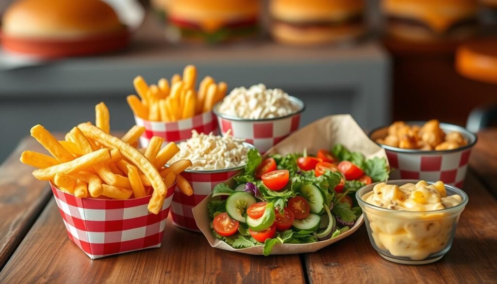 A visually appealing layout of Chick-fil-A menu sides, featuring a variety of items such as crispy waffle fries in a red-and-white checked container, freshly made coleslaw, a vibrant side salad with mixed greens, cherry tomatoes, and cucumbers, and a small bowl of mac and cheese. Arrange the food items artfully on a rustic wooden table with a soft focus background showcasing other menu items subtly blurred. Use natural, warm lighting to create an inviting atmosphere, emphasizing the golden hues of the fries and the colorful freshness of the salad. Capture the scene from a slightly elevated angle to highlight the texture and details, ensuring the image conveys a sense of comfort and deliciousness, perfect for complementing a meal.
