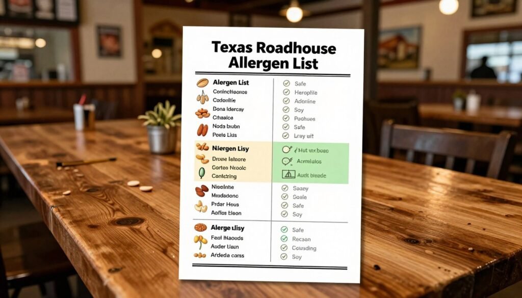 A visually engaging image depicting a detailed "Texas Roadhouse Allergen List," focusing on managing nut and soy allergies. In the foreground, a clear, well-organized allergen list featuring icons and color-coded sections for nuts and soy, with symbols indicating safe options. The middle ground showcases a natural wood table setting that resembles a Texas Roadhouse interior, adorned with rustic decor. In the background, dim ambient lighting creates a warm and inviting atmosphere, complemented by subtle bokeh effects of the restaurant's cozy environment. The overall mood is informative yet welcoming, promoting a sense of safety and comfort for diners managing allergies. Ensure there are no people in the image, keeping the focus entirely on the allergen list and setting.
