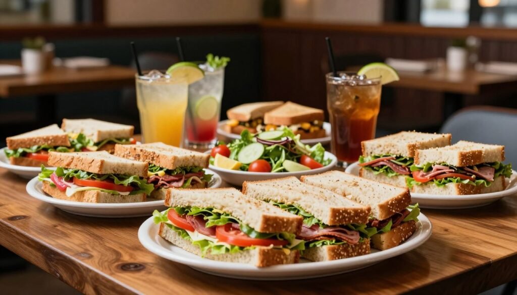 An elegantly arranged Subway platter menu displayed on a wooden table, showcasing an assortment of colorful sandwich platters, each with fresh ingredients like lettuce, tomatoes, and deli meats. In the foreground, there are close-up shots of beautifully garnished sandwiches, neatly cut into smaller portions for sharing, accompanied by vibrant side salads. In the middle, a variety of drink options like soft drinks and iced tea are artfully presented alongside the platters. The background shows a tasteful and cozy dining space with subtle ambient lighting, enhancing the inviting atmosphere. The scene is captured with a soft focus effect, emphasizing the delicious details of the Subway catering offerings, evoking a warm and friendly mood perfect for gatherings. An elegantly arranged Subway platter menu displayed on a wooden table, showcasing an assortment of colorful sandwich platters, each with fresh ingredients like lettuce, tomatoes, and deli meats. In the foreground, there are close-up shots of beautifully garnished sandwiches, neatly cut into smaller portions for sharing, accompanied by vibrant side salads. In the middle, a variety of drink options like soft drinks and iced tea are artfully presented alongside the platters. The background shows a tasteful and cozy dining space with subtle ambient lighting, enhancing the inviting atmosphere. The scene is captured with a soft focus effect, emphasizing the delicious details of the Subway catering offerings, evoking a warm and friendly mood perfect for gatherings.